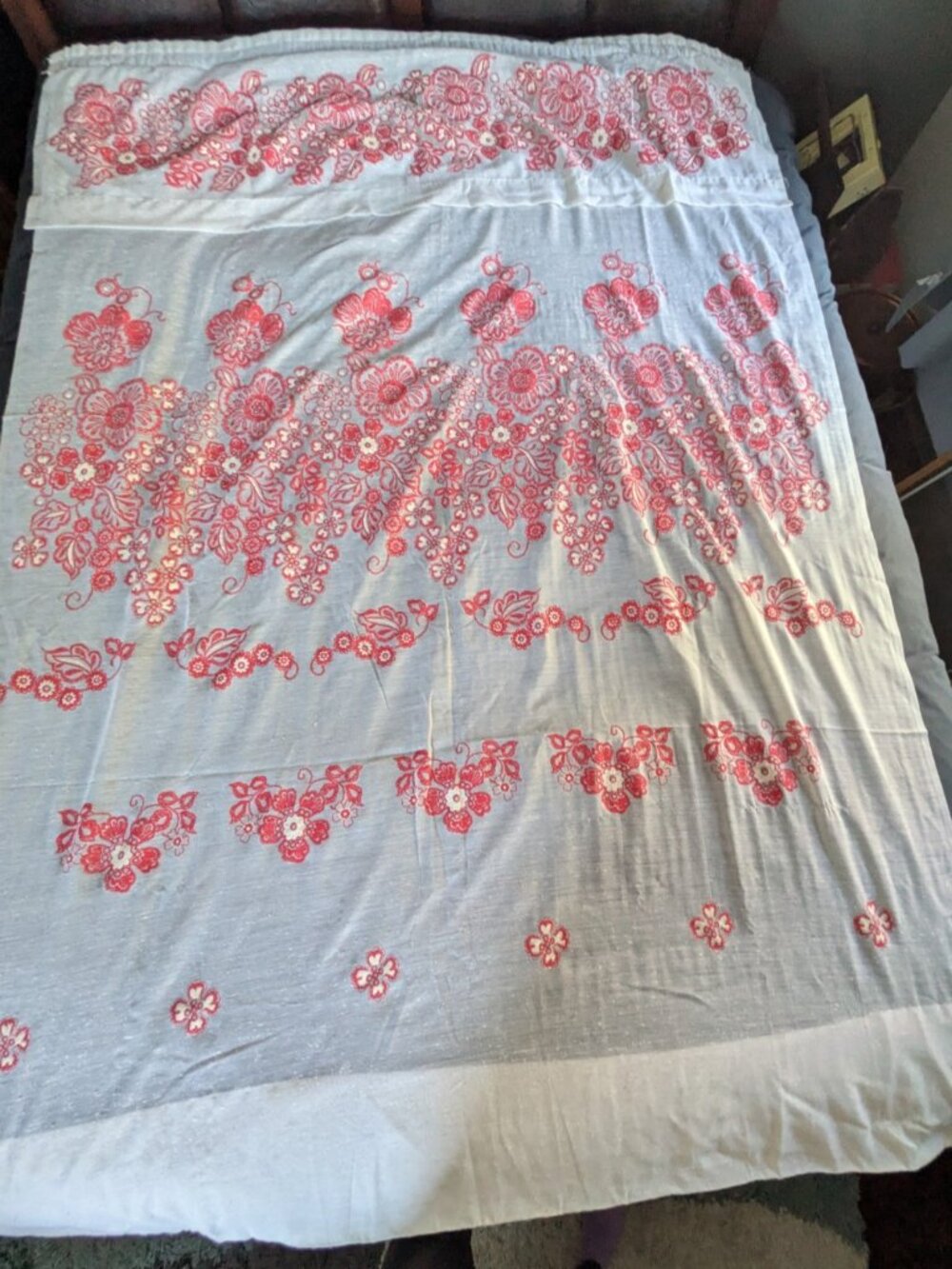 Vintage Cream Sheer Curtains Set of 2 Embroidered Red Floral Panels 80"